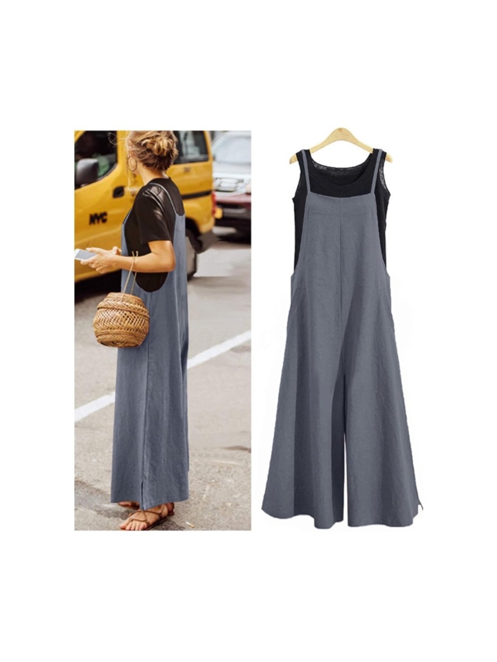 New Women Small Casual Loose Long Bib Pants Wide Leg Jumpsuits Baggy Cotton